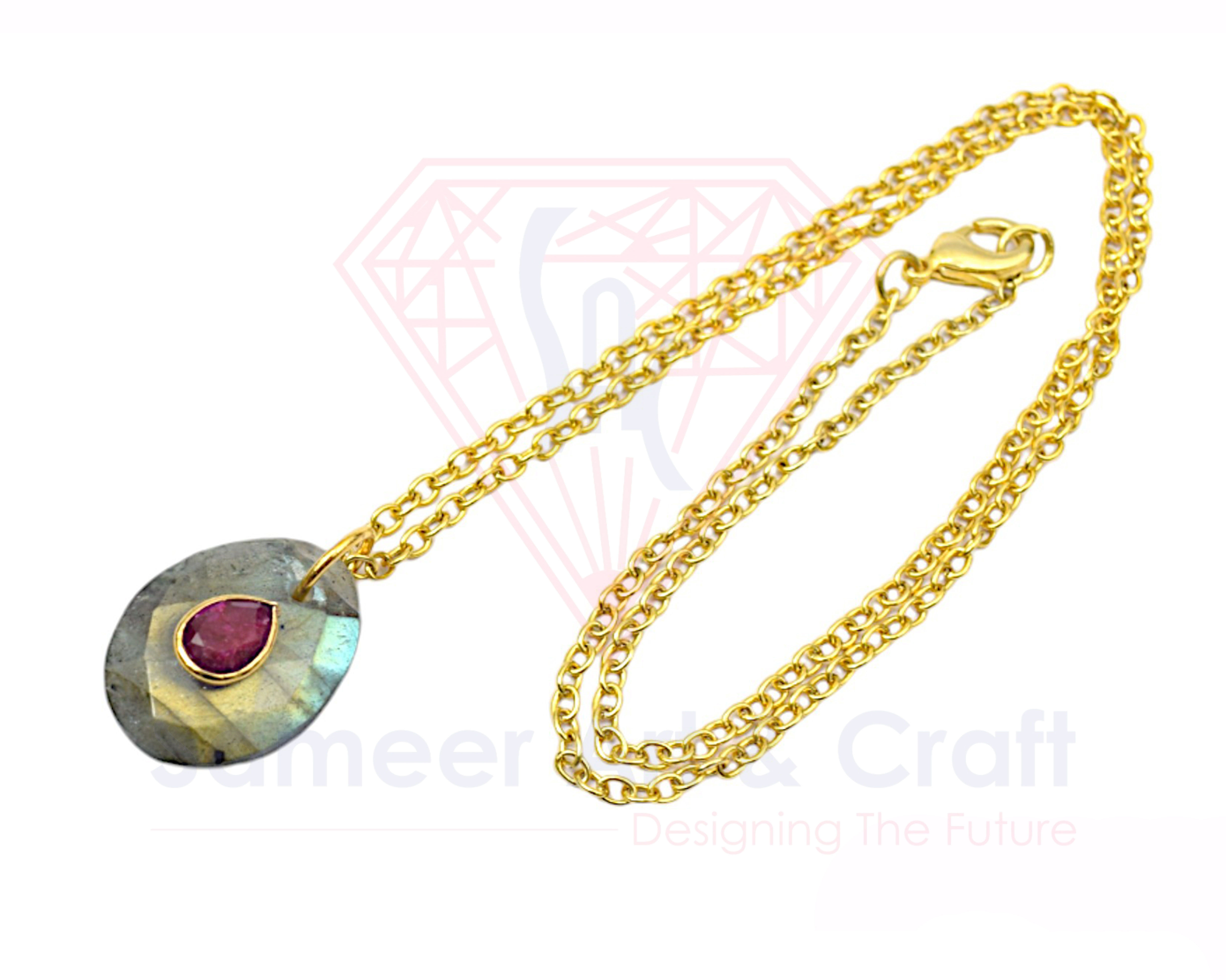 Natural Gemstone With Gold Plated Handmade Oval Shape Pendant