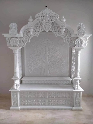 Marble Home Temple - 5x2x6.6 Feet | Elegant White Marble, Intricate Carved Design, Folk Art Style