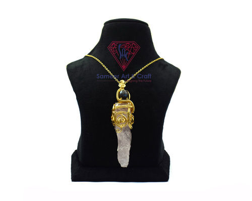 Rose Quartz And Labradorite Gemstone With Gold Plated Wire Wrapped Necklace Pendant