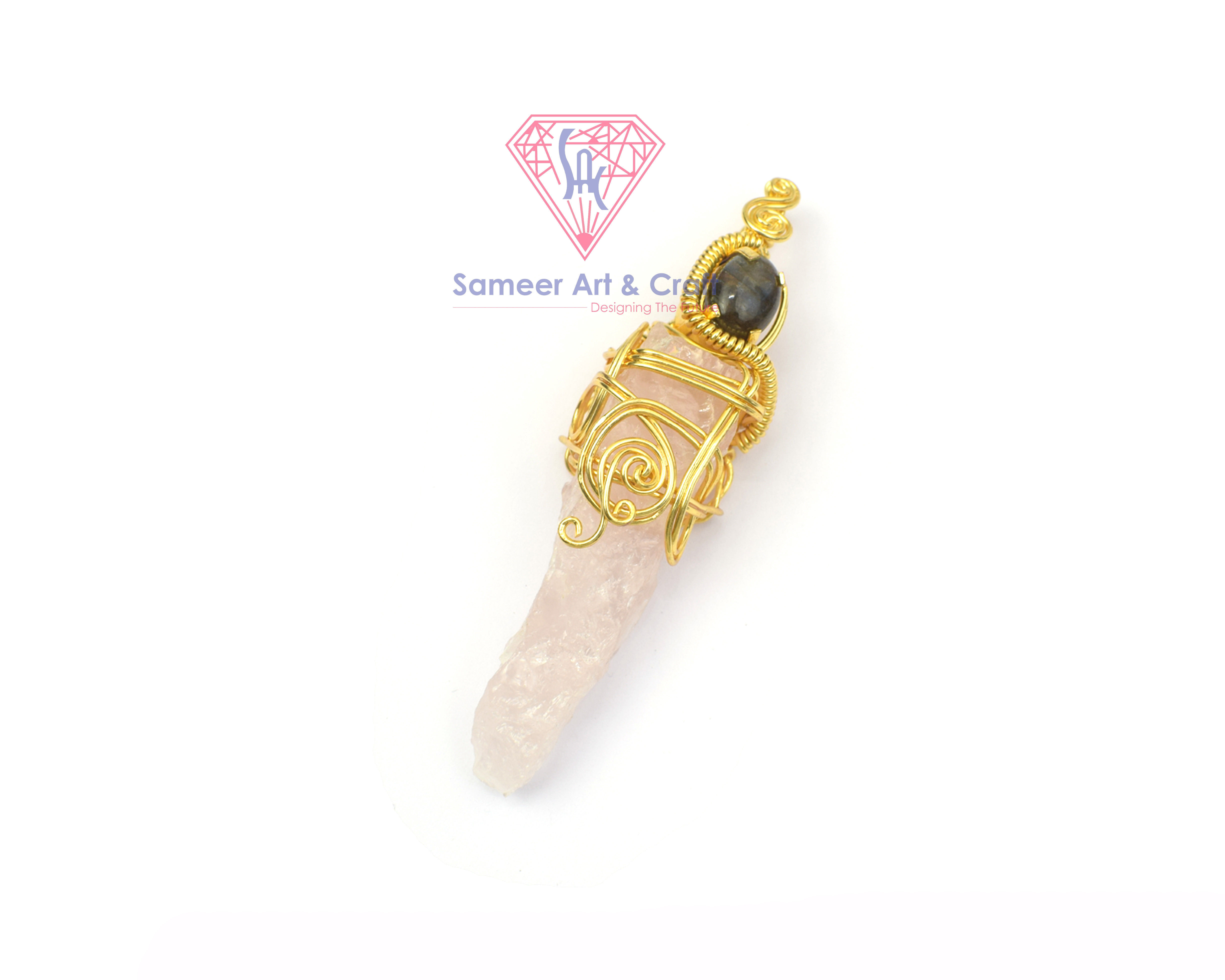 Rose Quartz And Labradorite Gemstone With Gold Plated Wire Wrapped Necklace Pendant