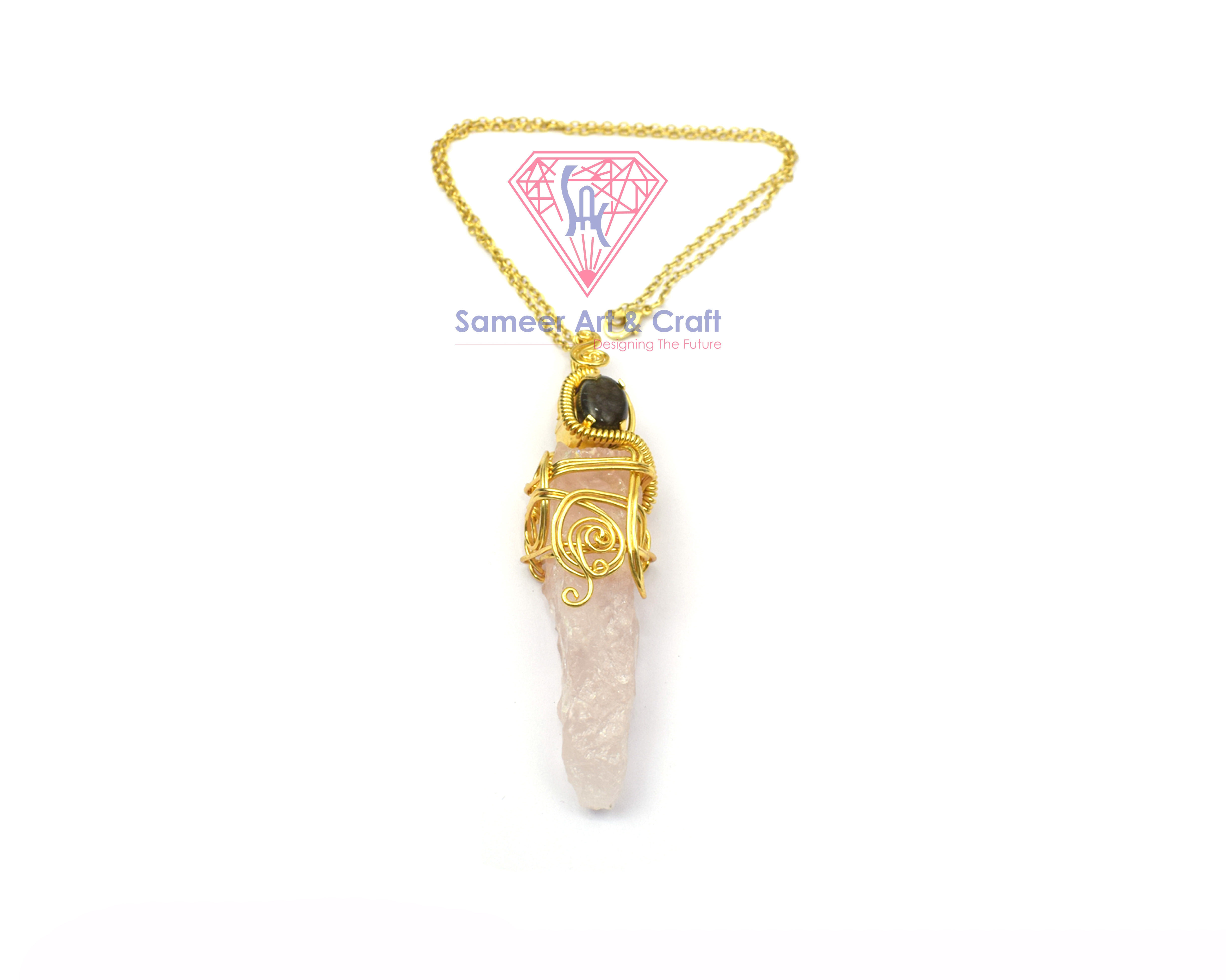 Rose Quartz And Labradorite Gemstone With Gold Plated Wire Wrapped Necklace Pendant