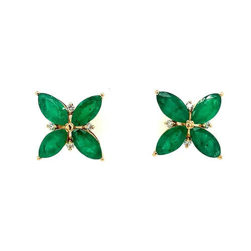 Emerald And Diamond Earring In 14k Yellow Gold - Women Earrings-162 - Diamond Carat Weight: 14 Carat