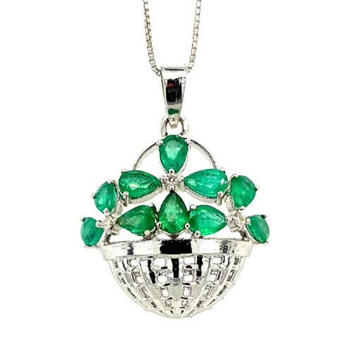 Emerald Pendant in 925 Sterling Silver - Flower Basket Antique Pendant-1486