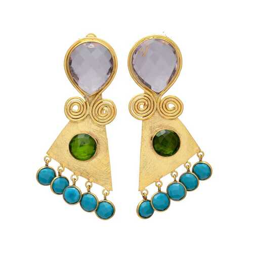 New style turquoise and purple chalcedony gemstone golden earring set