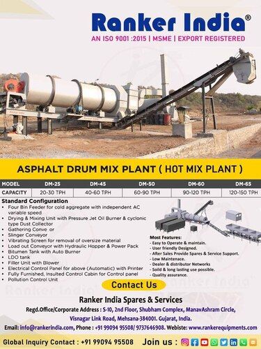 Asphalt Drum Mix Plant - MS Steel, 45TPH to 60TPH Capacity | Computerized, Automatic Grade, Frequency Speed Control Cooling System, 340 Power, Vibration Frequency 1