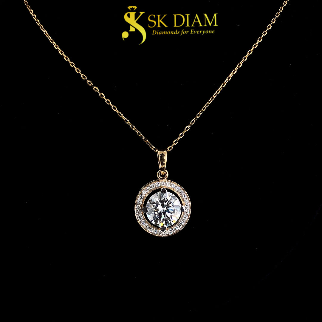 Halo Diamond Pendant by SK Diam | 18KT Gold and 3.40 Carat | Radiant Grace