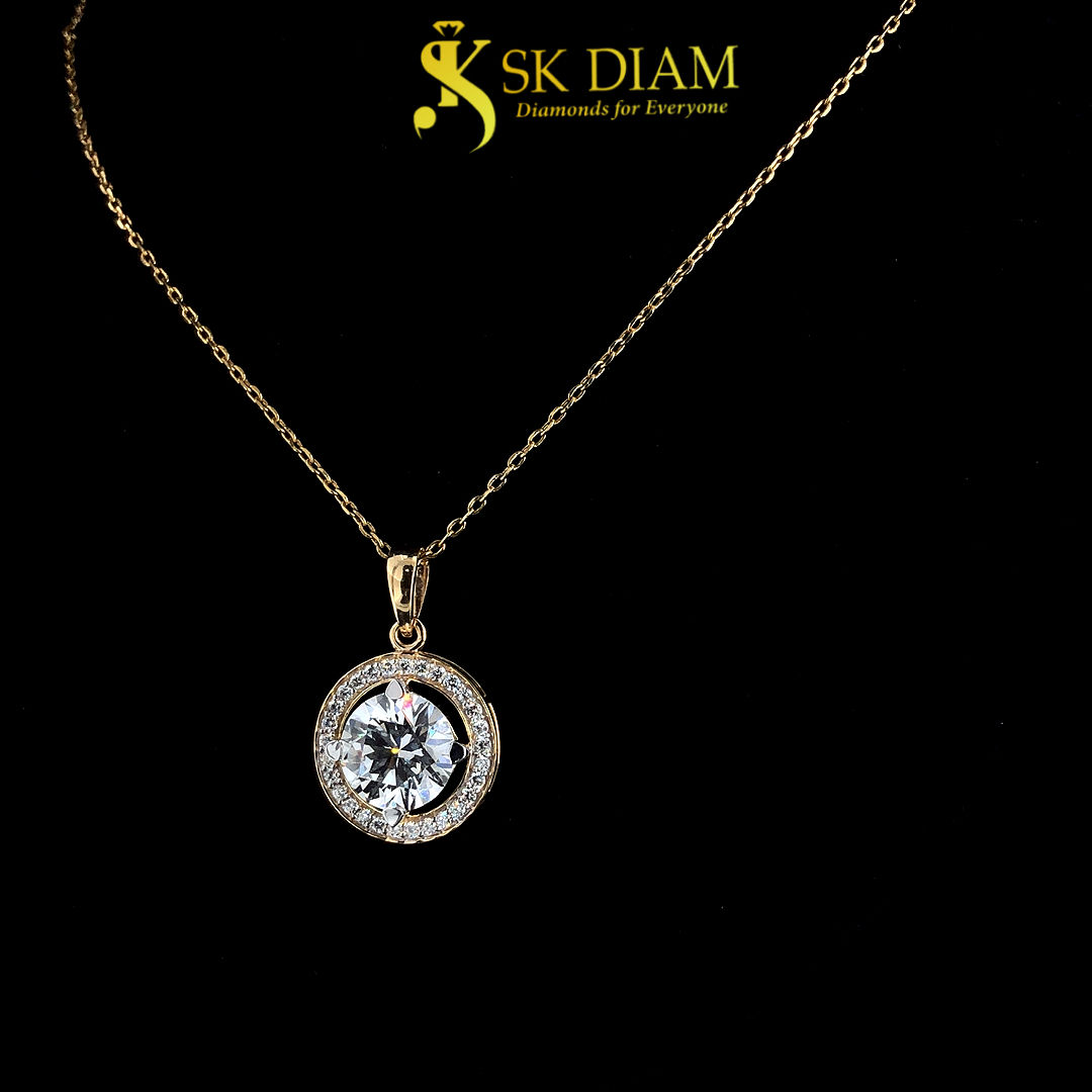 Halo Diamond Pendant by SK Diam | 18KT Gold and 3.40 Carat | Radiant Grace