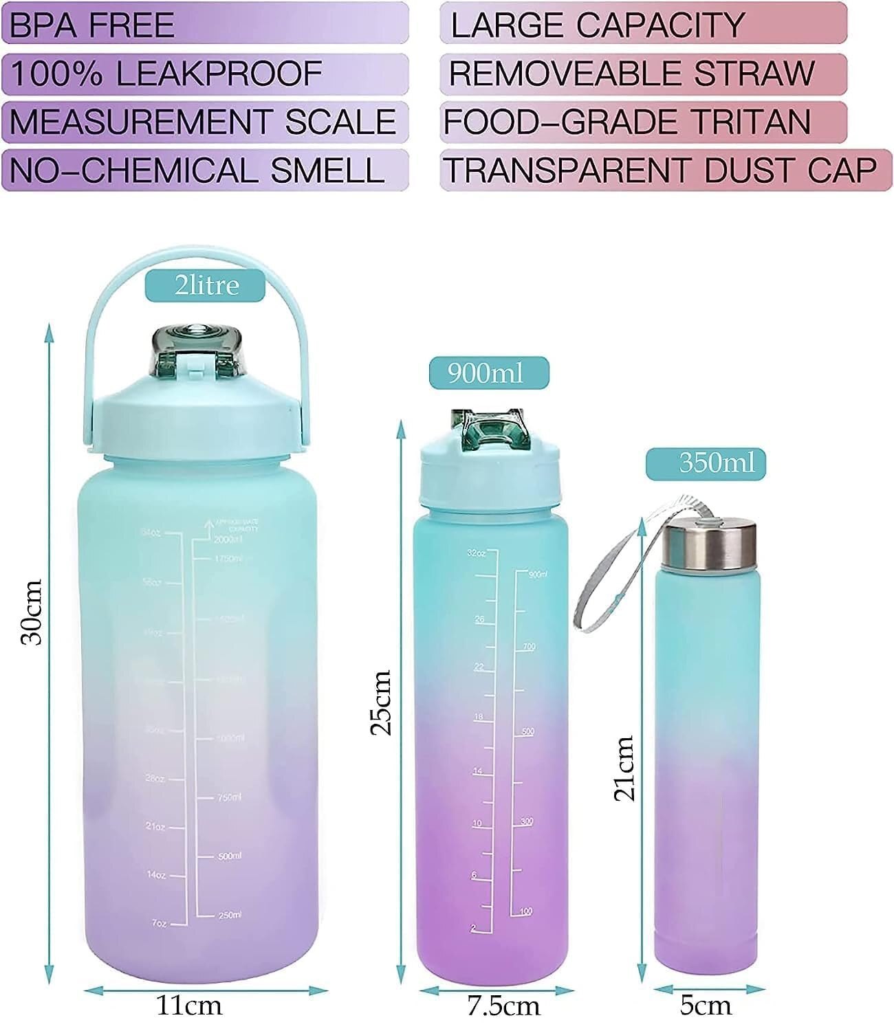 Mitsico 2 Ltr Motivational 3 Pcs Bottle With Motivational Time Marker - Plastic, 2000ml, 900ml, 300ml, Multicolor | Leakproof, Eco-friendly Material, Easy To Clean