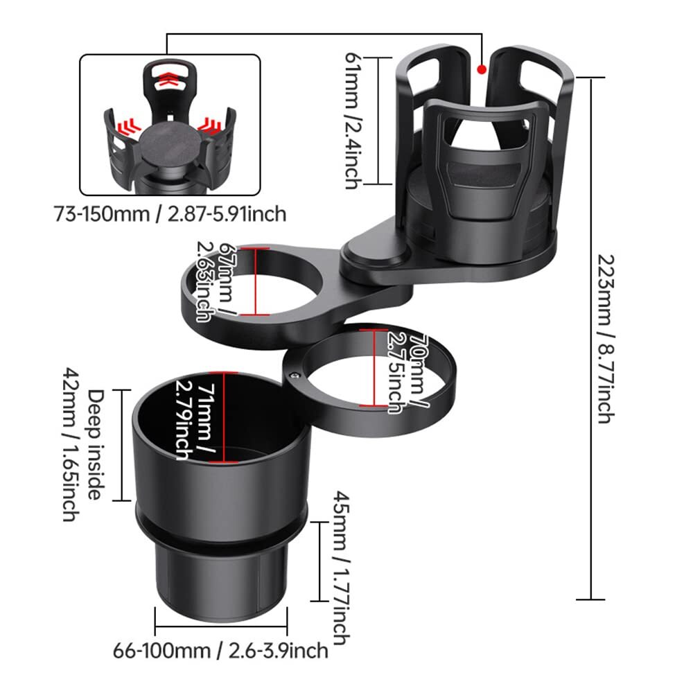 Car Cup Holder - 22.28x12.5x12.5 Cm | 1-divide-4 Rotatable Adjustable Design, Fits Bottles Up To 5.91", Shockproof Foam, Anti-skid Silicone