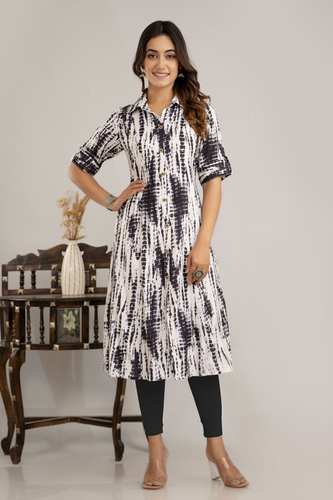 Women Dyed/Ombre Viscose Rayon Frontslit Kurta - Natural Tie-Dye Print, Collared Neck with Front and Side Slits