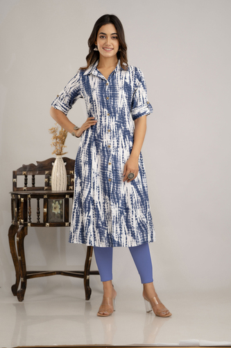 Women Dyed/Ombre Viscose Rayon Frontslit Kurta (Blue) - Natural Tie-Dye Print, Collared Neck with Front and Side Slits