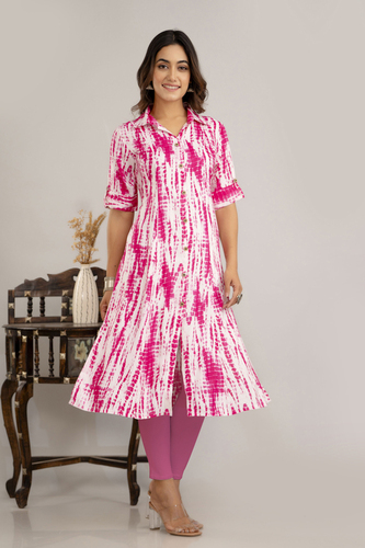 महिलाओं के रंगीन/ओम्ब्रे वाइसकोस रेयान फ्रंटस्लिट कुर्ता (गुलाबी)