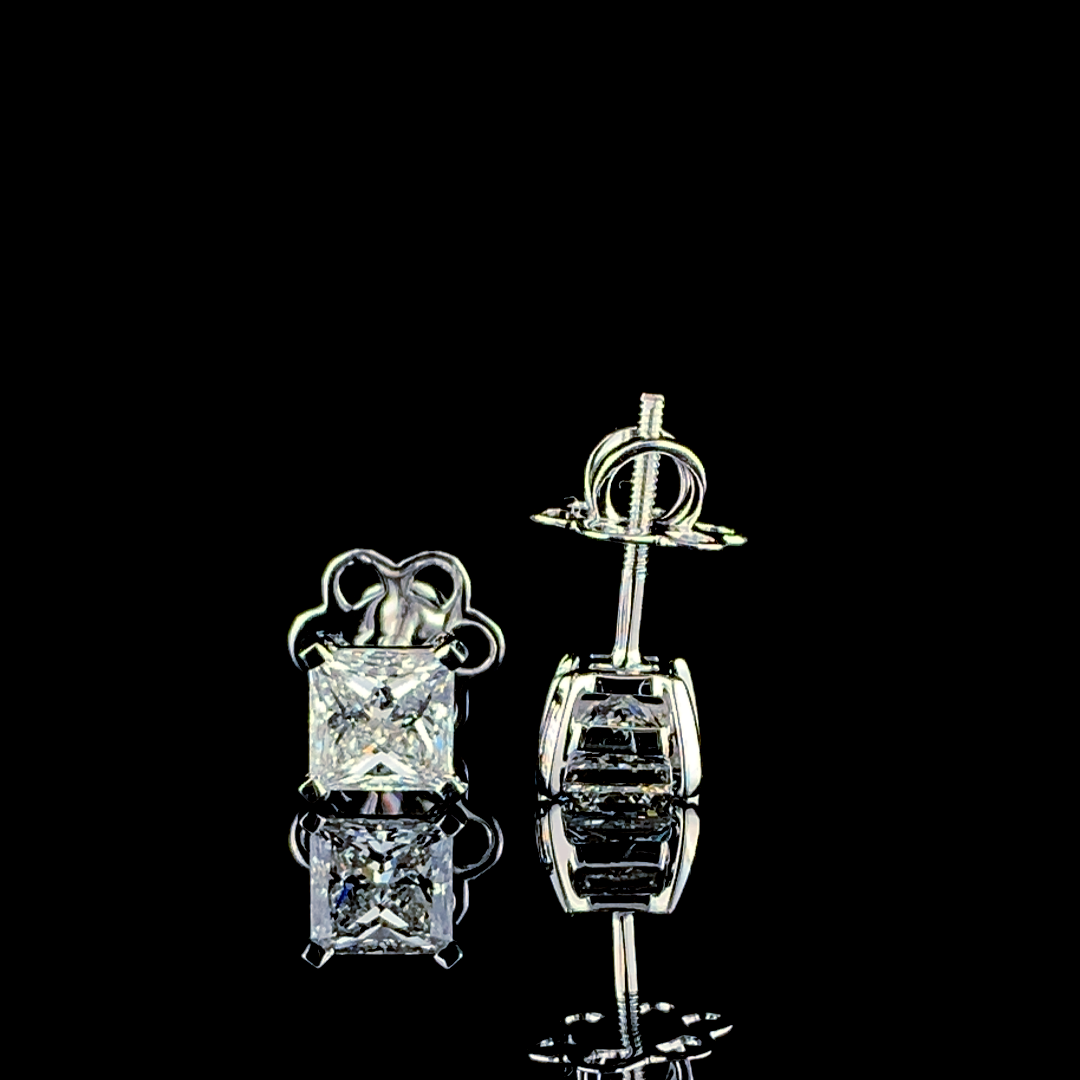 Princess Cut Diamond Stud Earrings - 18kt White Gold, 2ct Total Diamond Weight, Vs1 Clarity, E Color, Excellent Cut, Synthetic Diamonds