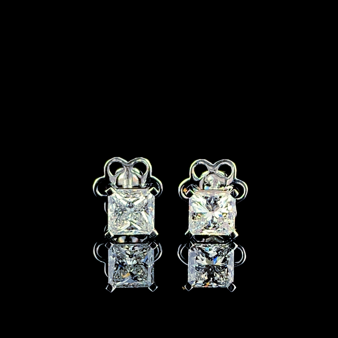 Princess Cut Diamond Stud Earrings - 18kt White Gold, 2ct Total Diamond Weight, Vs1 Clarity, E Color, Excellent Cut, Synthetic Diamonds