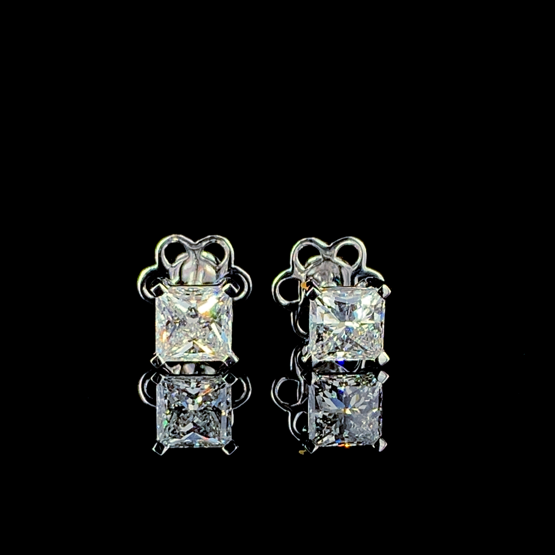 Princess Cut Diamond Stud Earrings - 18kt White Gold, 2ct Total Diamond Weight, Vs1 Clarity, E Color, Excellent Cut, Synthetic Diamonds