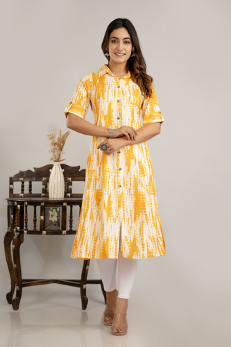 Women Dyed/Ombre Viscose Rayon Frontslit Kurta (Yellow)