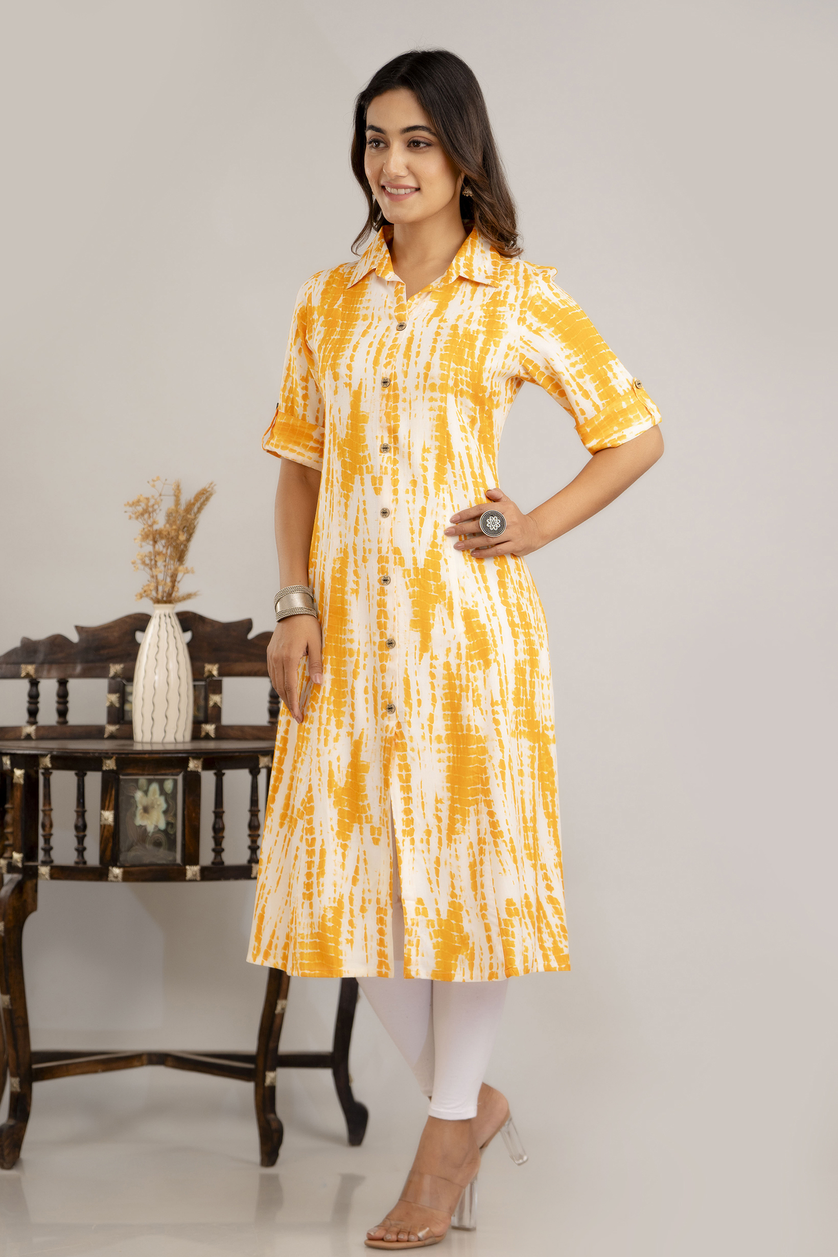 Women Dyed/Ombre Viscose Rayon Frontslit Kurta  (Yellow)