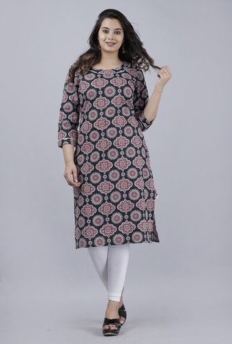 महिलाओं का ज्यामितीय प्रिंट शुद्ध कपास सीधा कुर्ता (काला)