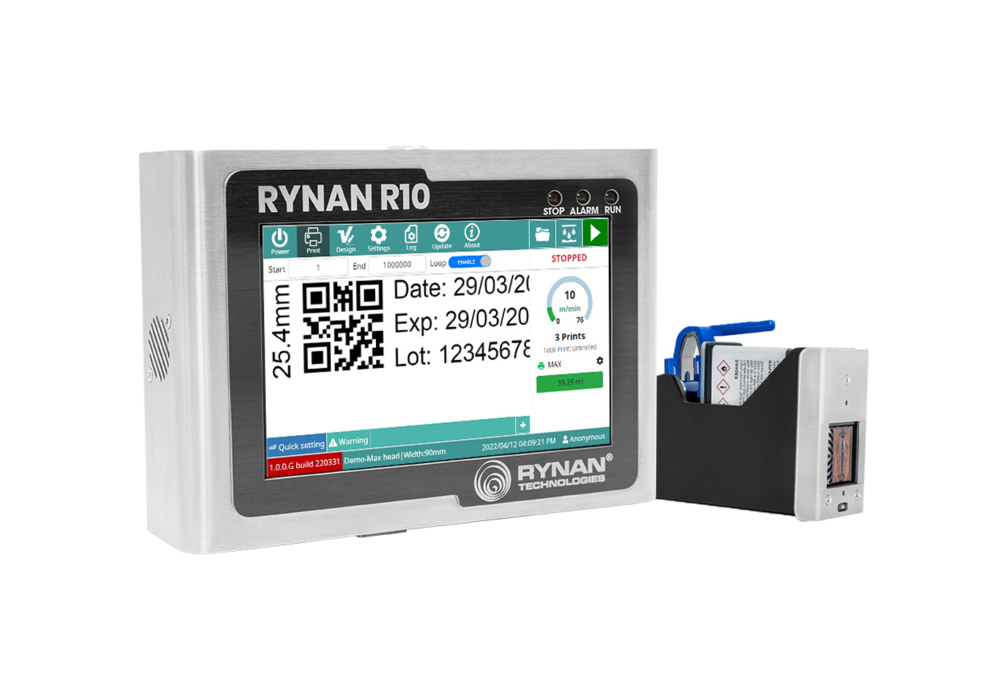 RYNAN R10 REACH - Thermal Inkjet Printer 21x6x9 cm, 600 DPI Max Resolution | 18m/min Speed, Automatic Functionality, Touchscreen Control, Ideal for Traceability Printing