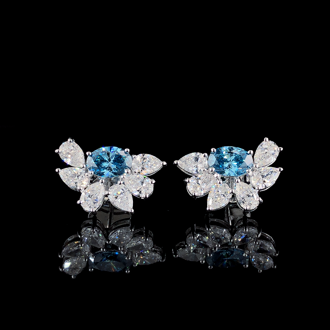 Exquisite Diamond Gold Earrings With 5.90ct Cvd Blue Oval - Color: Silver