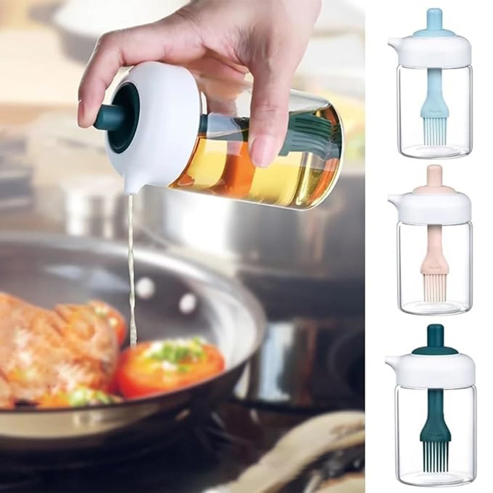 Mitsico Oil Dispenser Bottle With Silicone Oil Brush - Glass Material, Transparent Color | Multi-function Oil Sprayer And Baster, Easy Clean Removable Design, Leak-proof