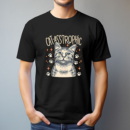 Cat Astrophic Printed T-Shirt - Color: Black