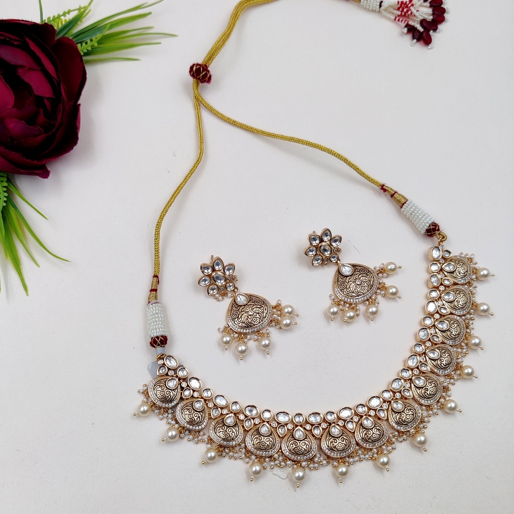 Antique Ladies Kundan Necklace Set - Zircon, Copper Alloy, Elegant White Polish | Perfect For Weddings, Engagements, Parties, Anniversaries, And Thoughtful Gifts