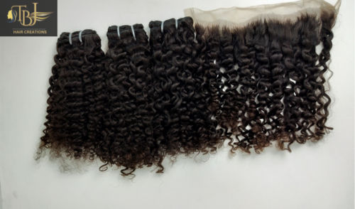 Black Indian Deep Curly Human Hair Bundles With Matching Transparent Lace Frontal