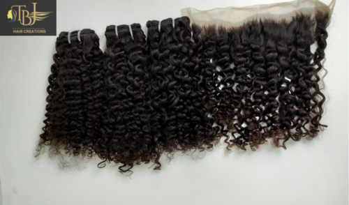 Black Indian Deep Curly Human Hair Bundles with Matching Transparent lace Frontal