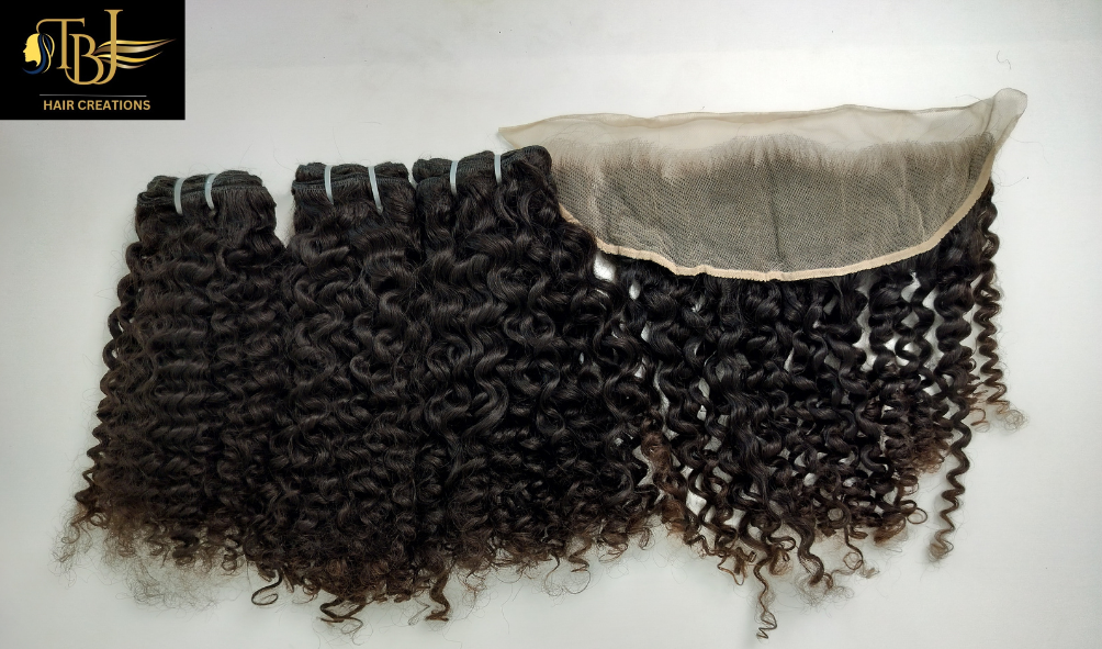 Black Indian Deep Curly Human Hair Bundles with Matching Transparent lace Frontal