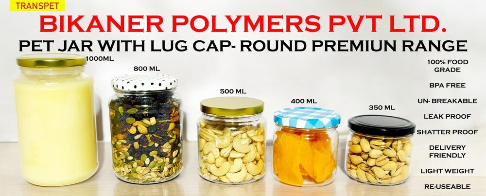 PET JARS WITH LUG CAPS - Rigid PET Material, 150ML to 1000ML Sizes, Various Mouth Sizes | Induction Wad & Foil Sealing Compatible