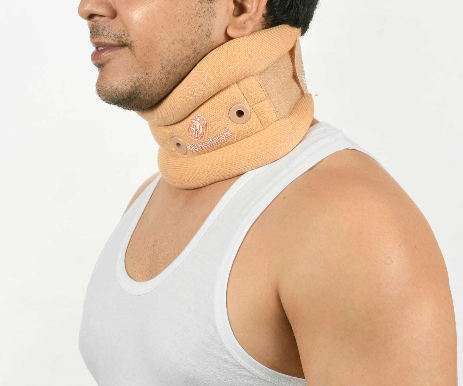 Pro Healthcare Cervical Collar With Chin Support Soft - Cotton, Medium Size, Skin And Grey Color | Foldable, Portable, Neck Support Brace For Comfortable Use