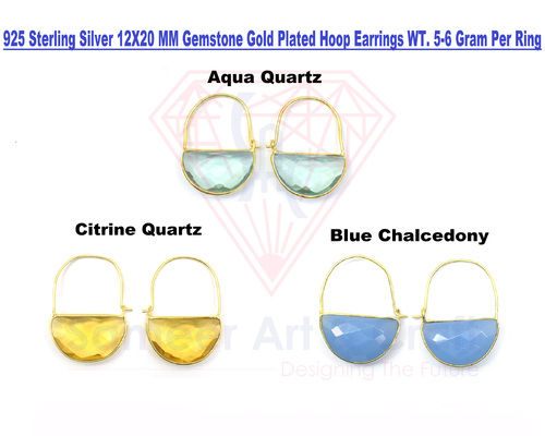 925 Sterling Silver Semi Precious Gemstone With 18K Gold Plated Handmade Hoop Earrings