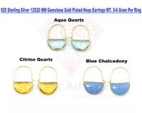 925 Sterling Silver Half Moon Shape Hoop Earrings - 18k Gold Plated , Semi Precious Citrine Gemstone, 3x2 Cm Size, 5-6 Grams Per Pair