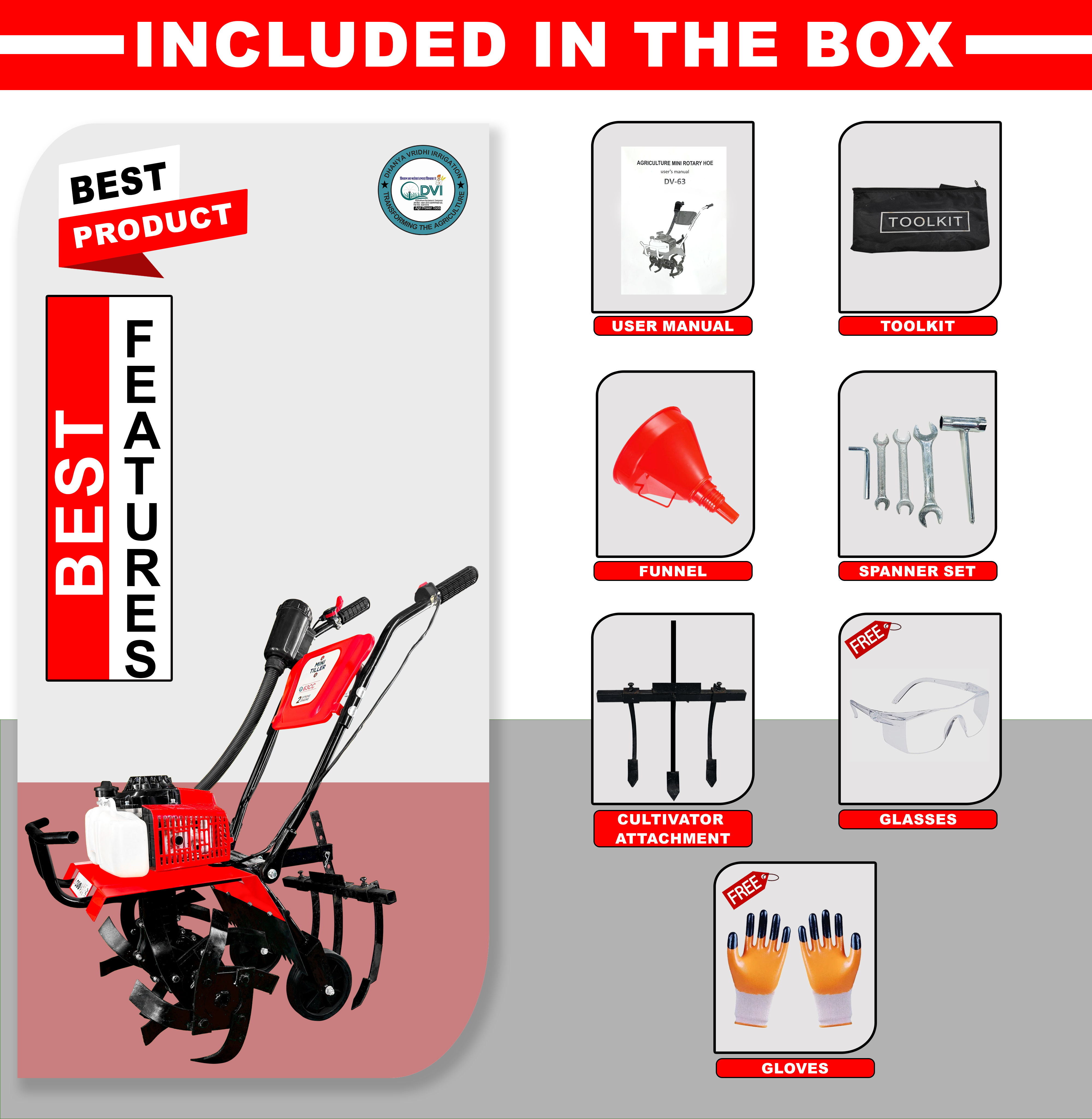 Petrol 63cc mini tiller with Cultivator attachment