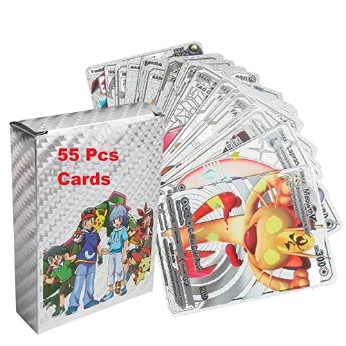 Pokemon Cards Silver Colour 55 Cards In One Box Premium Quality For Playing - Card Size: As Per Required