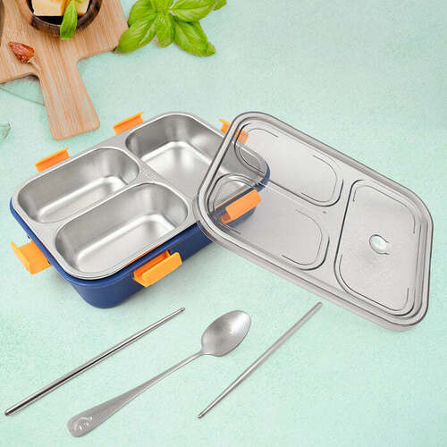 3 Compartment Transparent Stainless Steel Lunch Box with a Spoon sticks