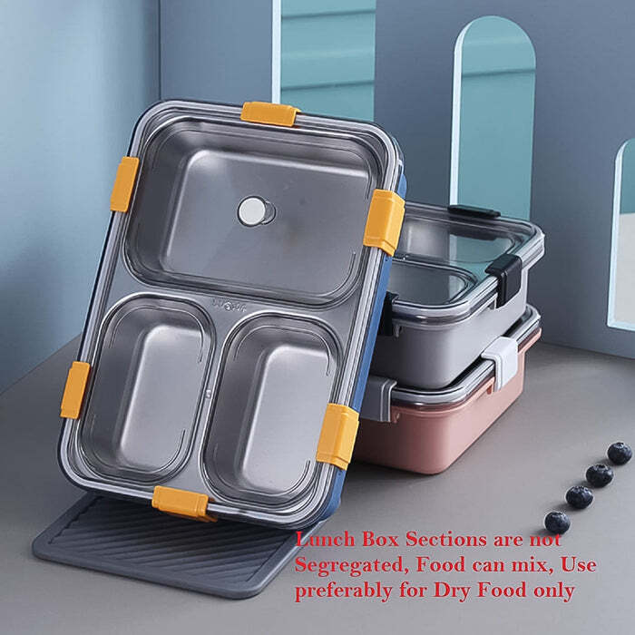 3 Compartment Transparent Stainless Steel Lunch Box with a Spoon sticks