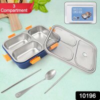 3 Compartment Transparent Stainless Steel Lunch Box with a Spoon sticks
