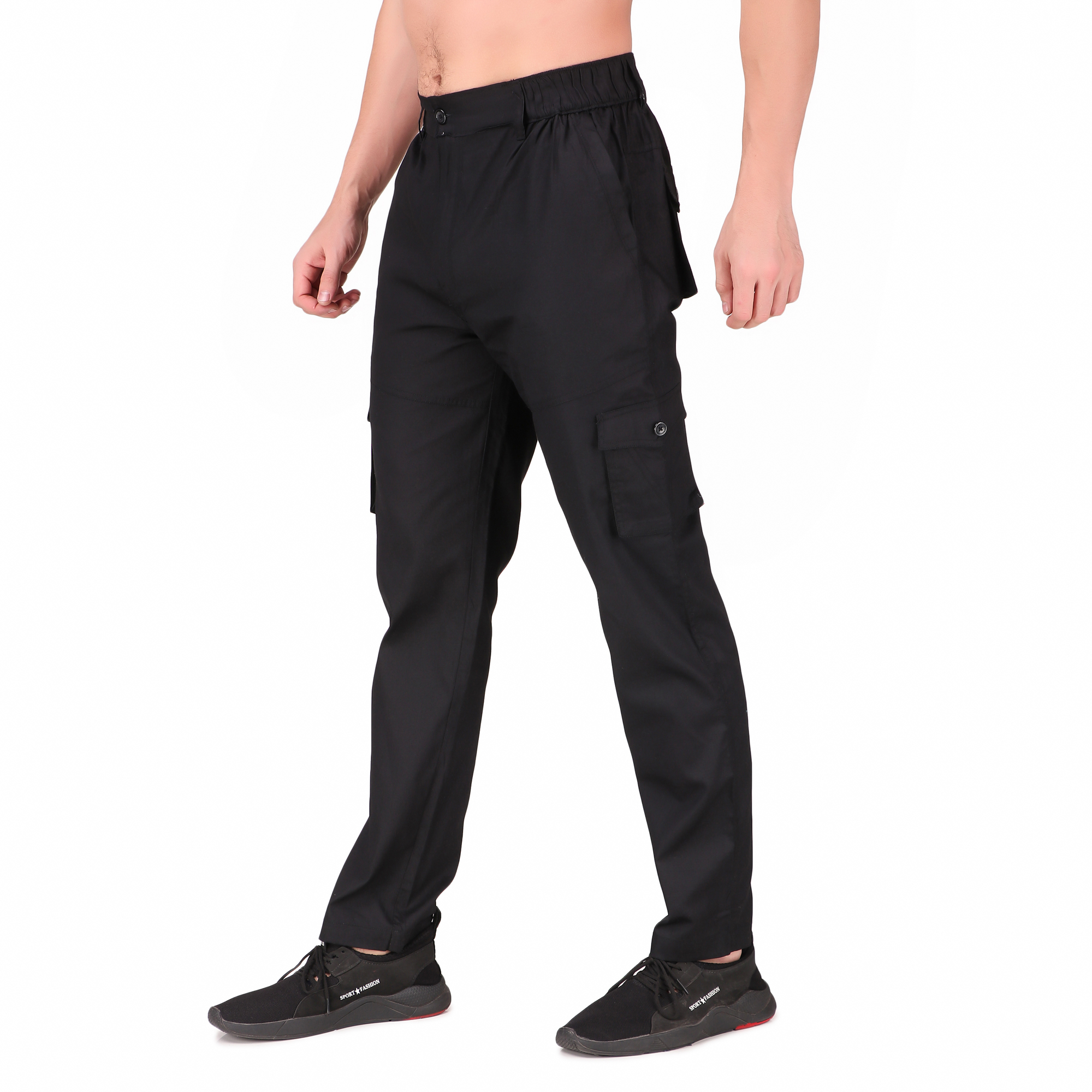 Aadhar Cotton Full Length Elasticated Waistband With Front Fly Zip Six Pocket Cargo Track Pants For Men