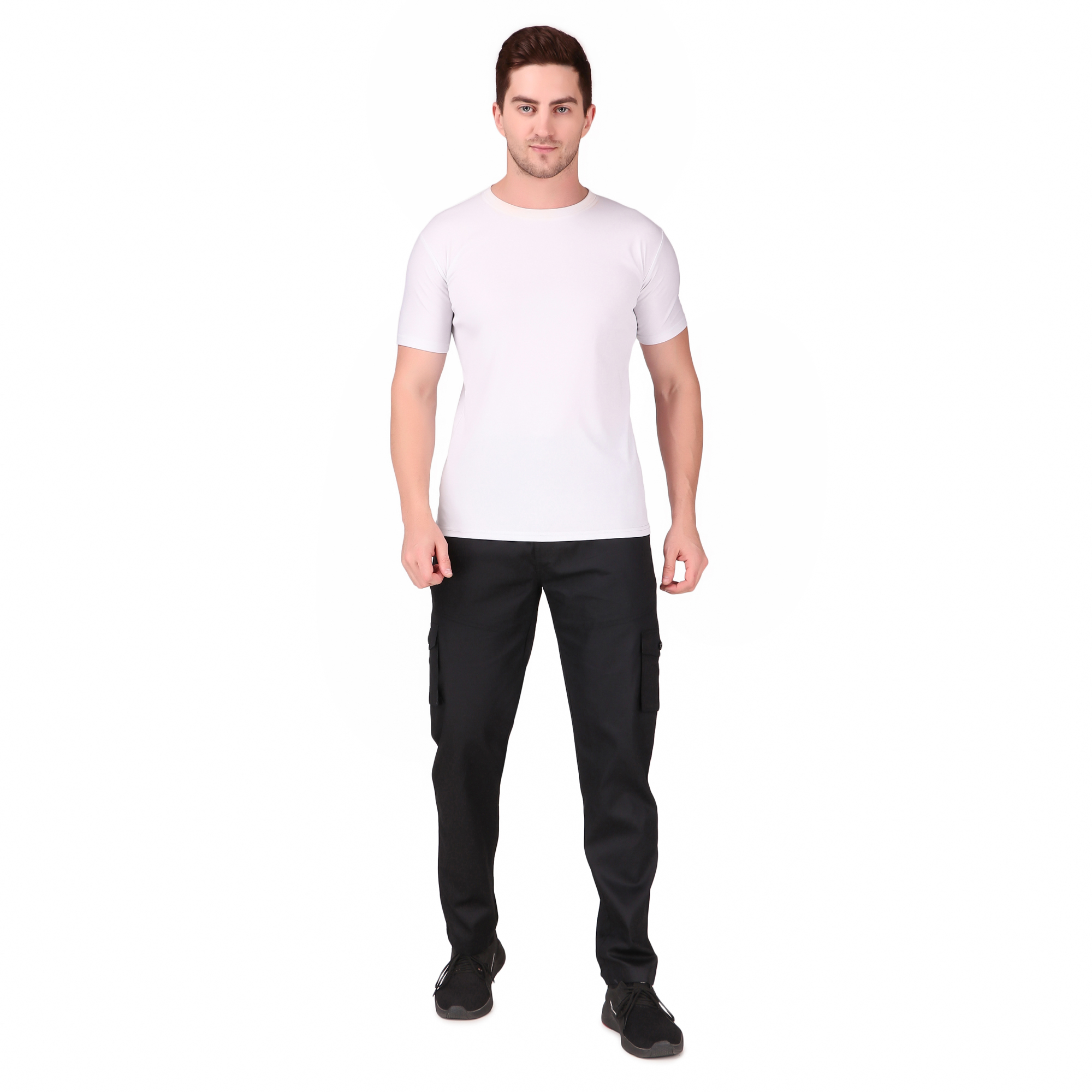 Aadhar Cotton Full Length Elasticated Waistband With Front Fly Zip Six Pocket Cargo Track Pants For Men