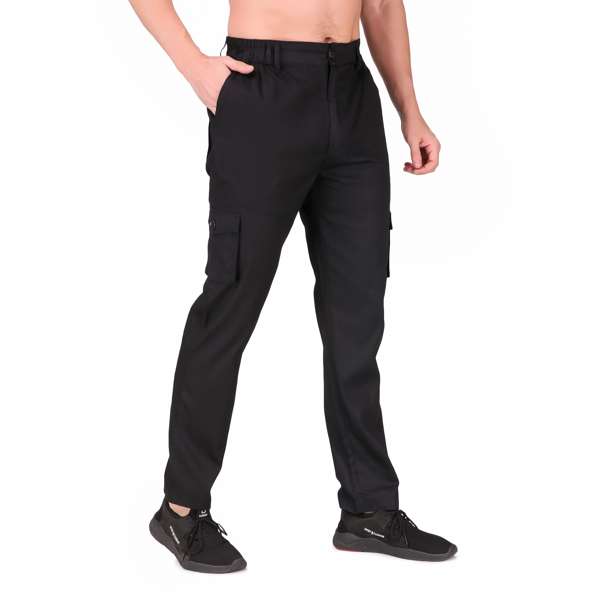 Aadhar Cotton Full Length Elasticated Waistband With Front Fly Zip Six Pocket Cargo Track Pants For Men