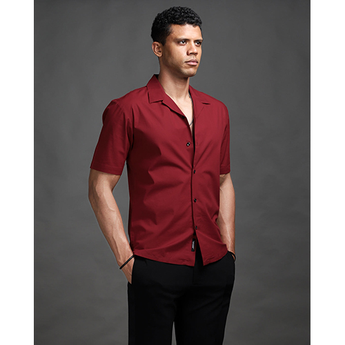 Carmine Red Stretch Cuban Shirt - Feature: Washable