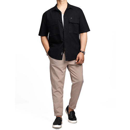 Black Chest Pockets Shirt - Feature: Washable