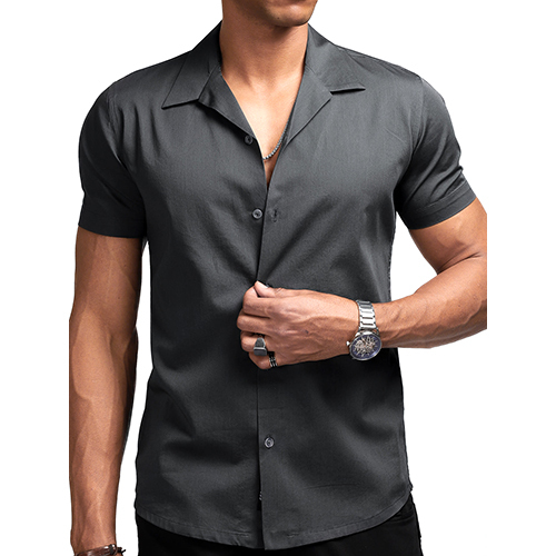 Graphite Grey Cuban Shirt - High-quality Cotton Blend, Washable Fabric, Short Sleeves For Year-round Comfort And Casual Wear