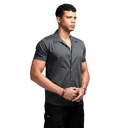 Graphite Grey Cuban Shirt - High-quality Cotton Blend, Washable Fabric, Short Sleeves For Year-round Comfort And Casual Wear