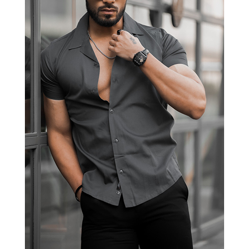 Graphite Grey Cuban Shirt - High-quality Cotton Blend, Washable Fabric, Short Sleeves For Year-round Comfort And Casual Wear