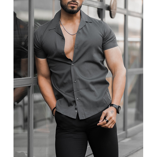 Graphite Grey Cuban Shirt - High-quality Cotton Blend, Washable Fabric, Short Sleeves For Year-round Comfort And Casual Wear