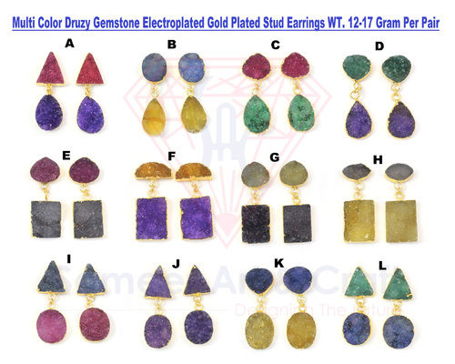 Multi Color Druzy Gemstone With Electroplated Gold Plated Handmade Stud Earrings