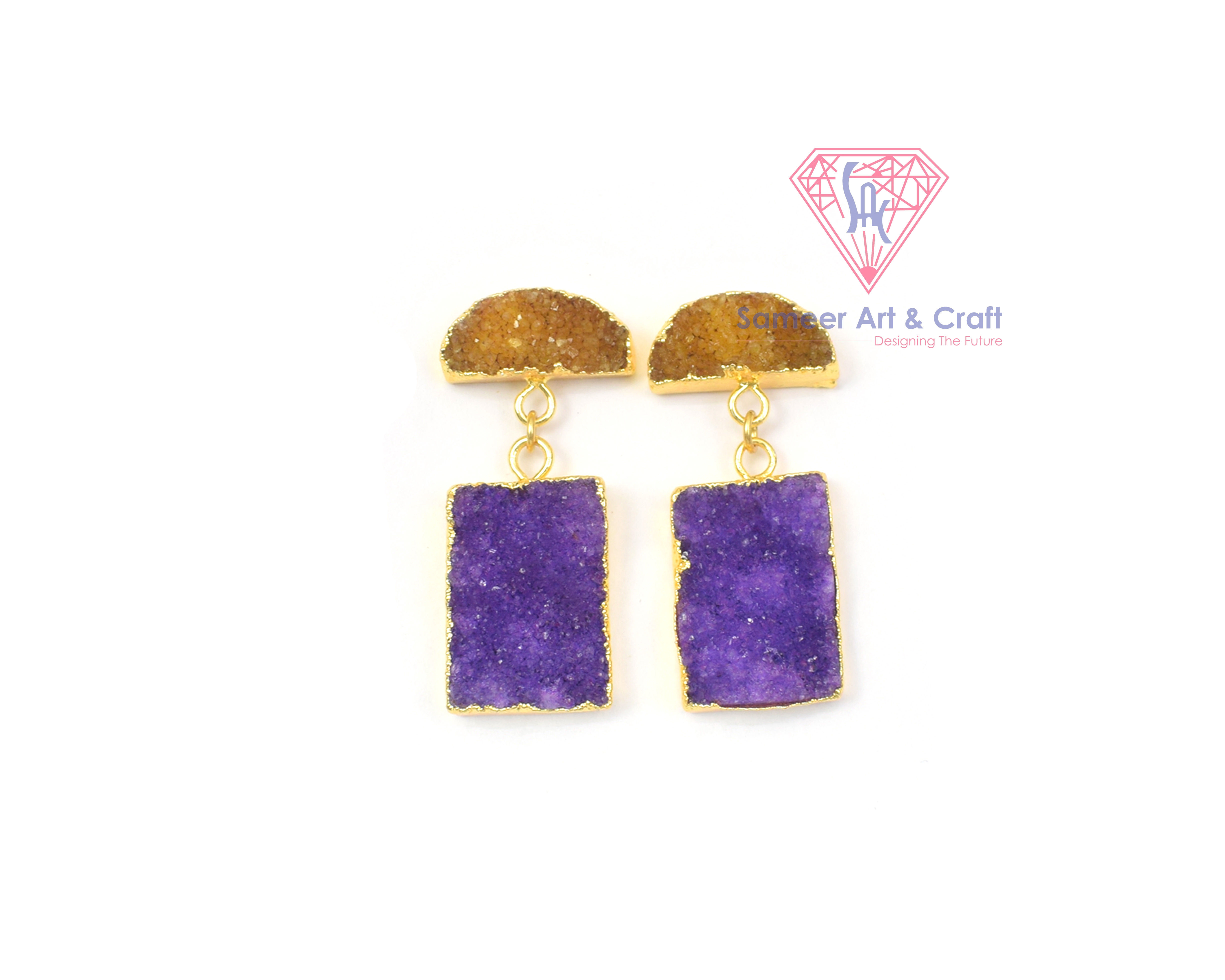 Multi Color Druzy Gemstone With Electroplated Gold Plated Handmade Stud Earrings